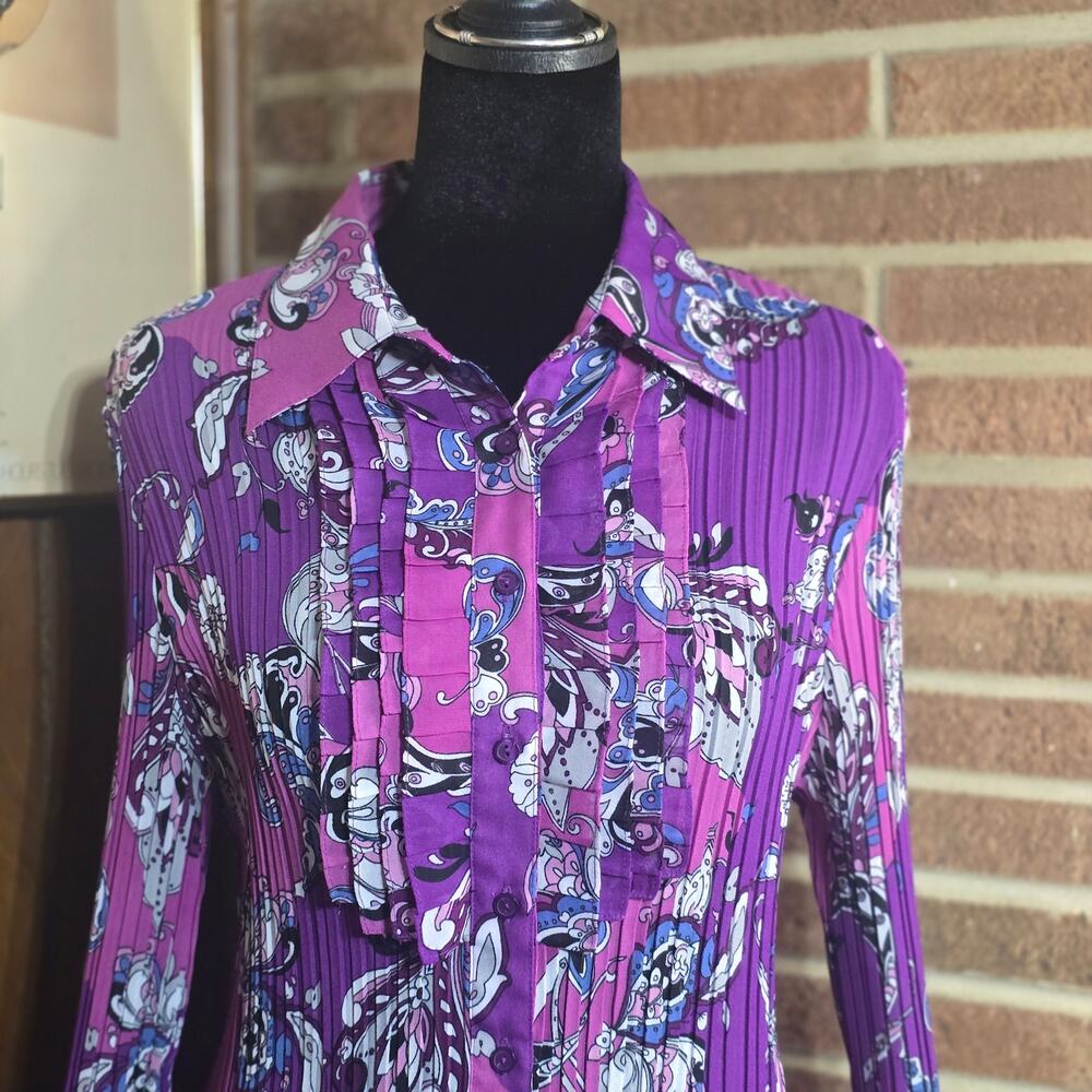 Sunny Leigh Pleated Ruffle Blouse M Purple Floral Paisley Long Sleeve Boho - Picture 2 of 7